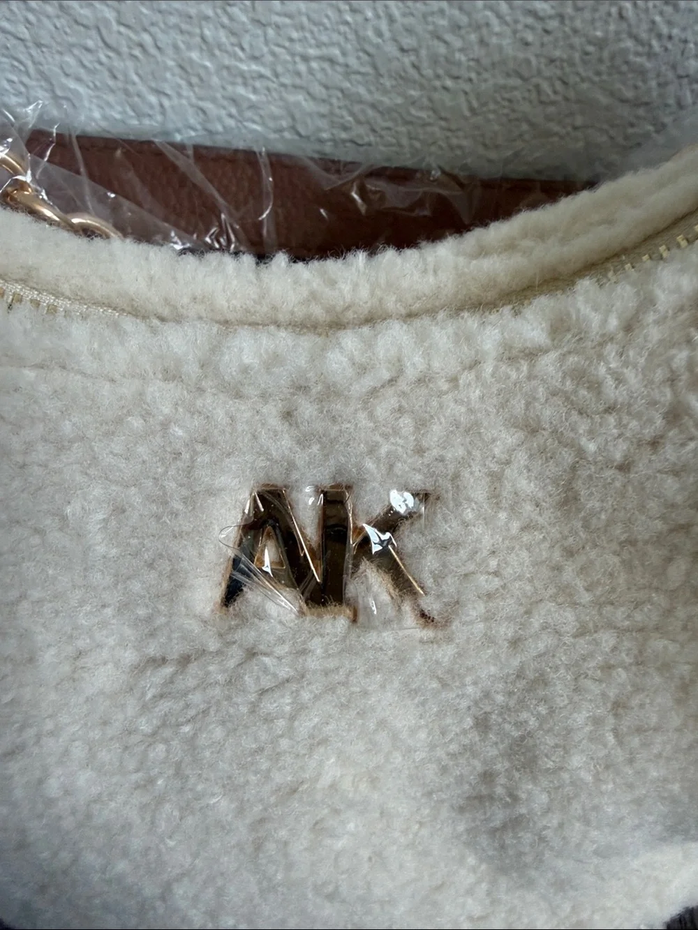 Anne Klein Cream Sherpa Crescent Hobo Shoulder Bag with Gold AK Accent NEW